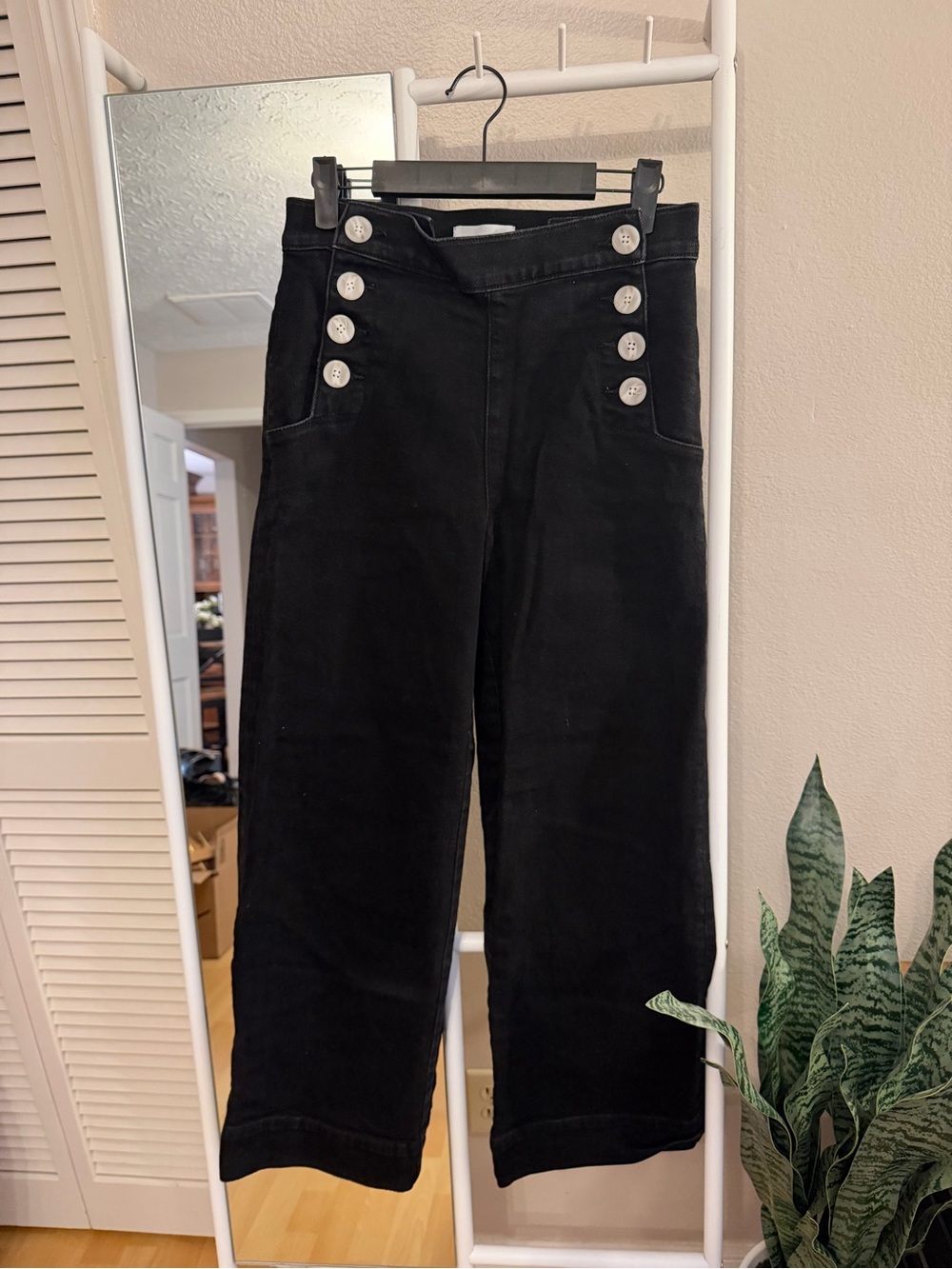 LOFT Black Wide-Leg Sailor Jeans with Contrast Buttons